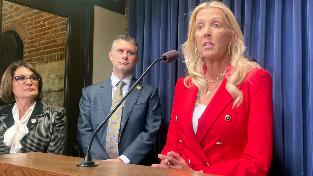 State Sen. Sue Rezin, R-Morris, explains fresh legislation she introduced, Tuesday, Nov. 7, 2023, in Springfield, Ill, lifting a moratorium on new nuclear reactors in Illinois. Legislation ending the 1987 prohibition won overwhelming approval last spring but Democratic Gov. J.B. Pritzker vetoed it, citing among other things, a need to modernize oversight rules. Rezin's plan calls for rules to be updated by January 2026 while allowing so-called SMRs, or small modular reactors, of no more than 300 megawatts to be installed, although none has been proposed and it could be a decade or more before one is operating. (AP Photo/John O'Connor)