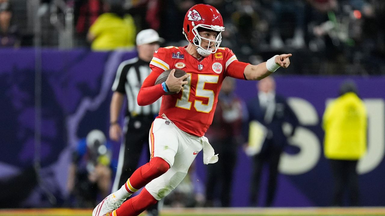 Kansas City Chiefs quarterback Patrick Mahomes (15) runs against the San Francisco 49ers during the second half of the NFL Super Bowl 58 football game Sunday, Feb. 11, 2024, in Las Vegas. (AP Photo/George Walker IV)