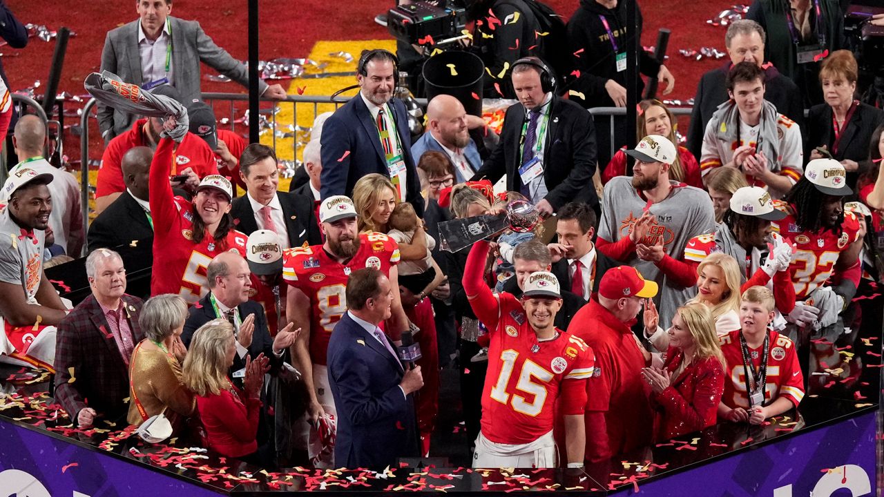 Kansas City Chiefs quarterback Patrick Mahomes (15) lifts the Vince Lombardi Trophy after the team's victory over the San Francisco 49ers in the NFL Super Bowl 58 football game Sunday, Feb. 11, 2024, in Las Vegas. (AP Photo/David J. Phillip)