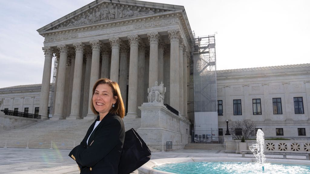 Attorney Lisa Blatt, of Williams & Connolly LLP, poses for a photograph in front of the Supreme Court, Monday, April 8, 2024, in Washington. (AP Photo/Alex Brandon)