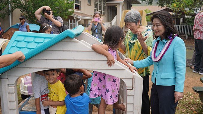 State Sen. Michelle Kidani and Lt. Gov. Sylvia Luke visit with children at the University Children's Center. Luke leads the state's Ready Keiki initiative, which seeks to expand access to preschool. (Office of Lt. Gov. Sylvia Luke)