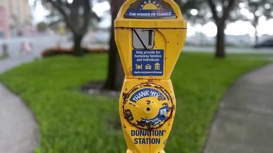 A Power of Change donation station in North Straub Park in downtown St. Petersburg is seen in 2022. The station collects spare change meant to assist people experiencing homelessness. (Times, 2022 photo)