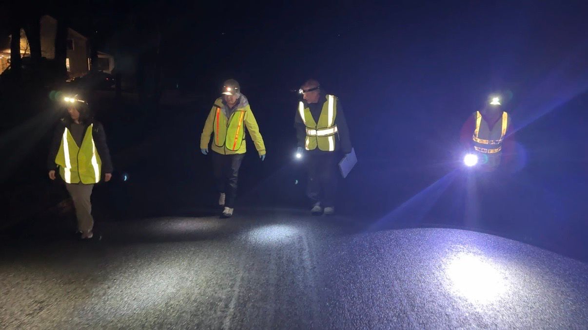 Volunteers patrol a Tompkins County road, looking for migrating amphibians. (Spectrum News/Natalie Mooney)