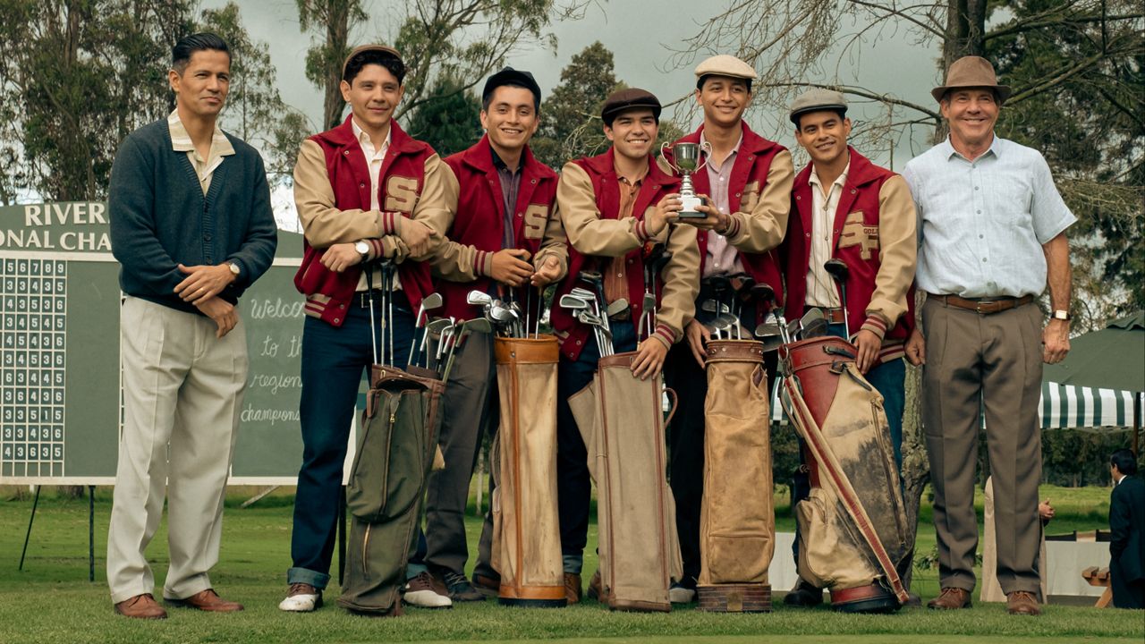 "The Long Game" centers around the true story of the San Felipe High School Mustangs’ golf team, who are led by characters JB Peña, played by Jay Hernandez (far left) and Frank Mitchell, played by Dennis Quaid (far right). (Photo courtesy of Anita Gallón M)