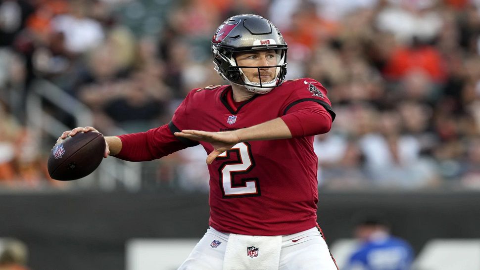 Tampa Bay Buccaneers quarterback Kyle Trask plays against the Cincinnati Bengals in the first half of an NFL preseason football game Saturday in Cincinnati.