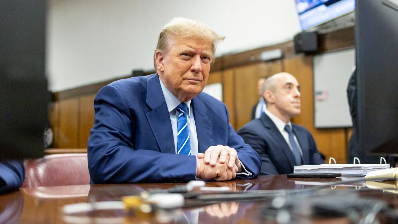 Former President Donald Trump awaits the start of proceedings on the second day of jury selection at Manhattan criminal court, Tuesday, April 16, 2024, in New York. (Justin Lane/Pool Photo via AP)