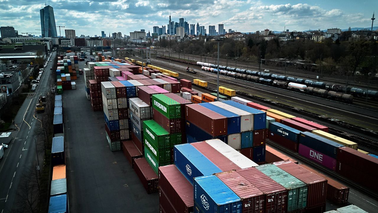 Containers are piled up at a cargo terminal in Frankfurt, Germany, April 1, 2025. (AP Photo/Michael Probst, File)