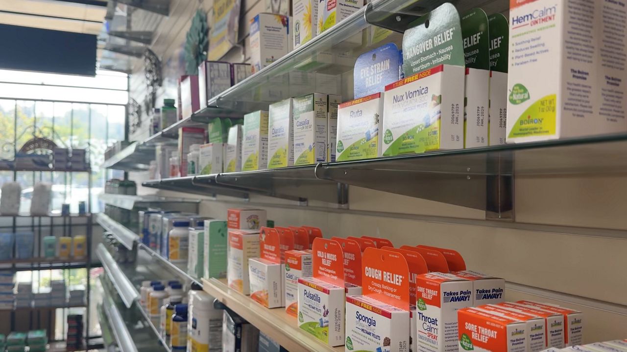 Allergy medications lined up on the shelf in the Discount Medical Pharmacy in Los Angeles. (Spectrum News/Shellye Leggett)