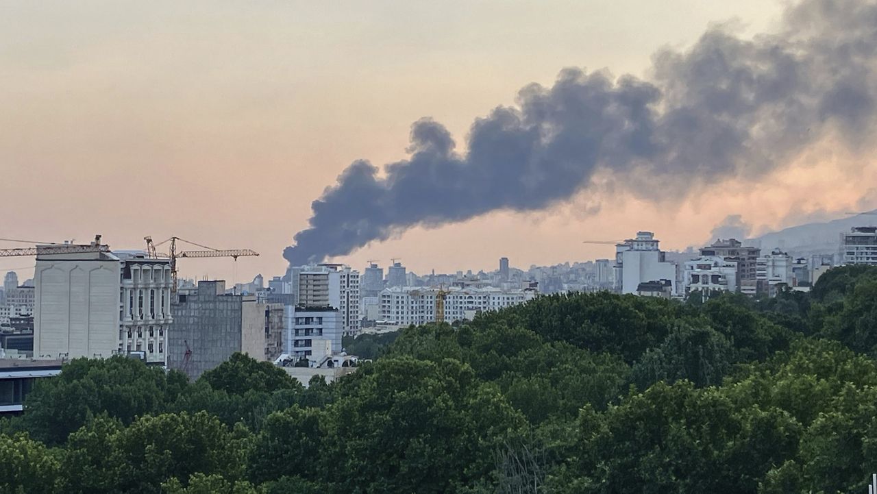 Smoke rises from the building of Iran's state-run television after an Israeli strike in Tehran, Iran, Monday, June 16, 2025. (AP Photo)