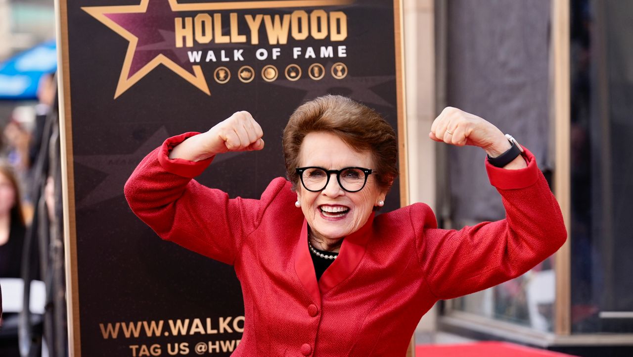 Billie Jean King poses during a ceremony honoring her with a star on the Hollywood Walk of Fame on Monday, April 7, 2025, in Los Angeles. (AP Photo/Chris Pizzello)