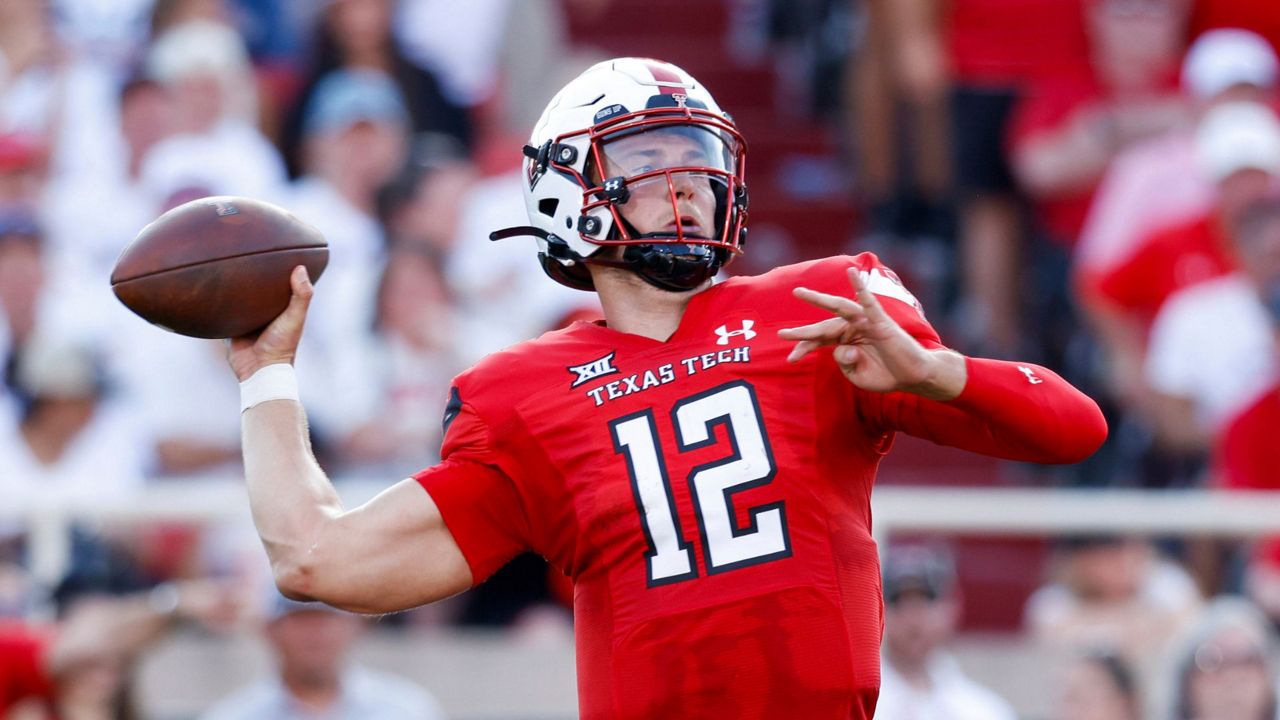 Texas Tech quarterback Tyler Shough throws a pass against Oregon during the first half of an NCAA college football game Sept. 9, 2023, in Lubbock, Texas. Former Texas Tech quarterback Shough says on social media that he will transfer to Louisville after a three-year stint with the Red Raiders. (AP Photo/Chase Seabolt, File)