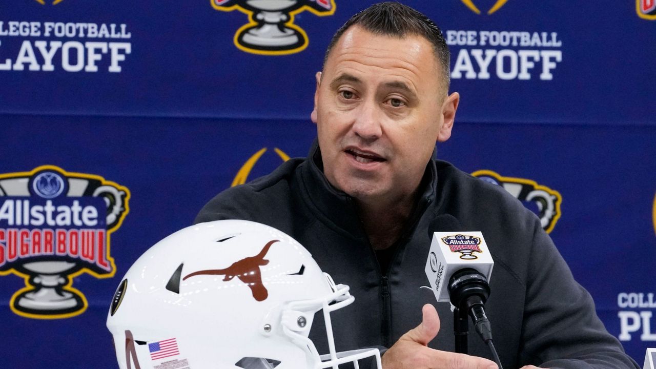 Texas head coach Steve Sarkisian speaks during media day for the the upcoming Sugar Bowl NCAA CFP college football semi-final game against Washington in New Orleans, Saturday, Dec. 30, 2023. (AP Photo/Gerald Herbert)