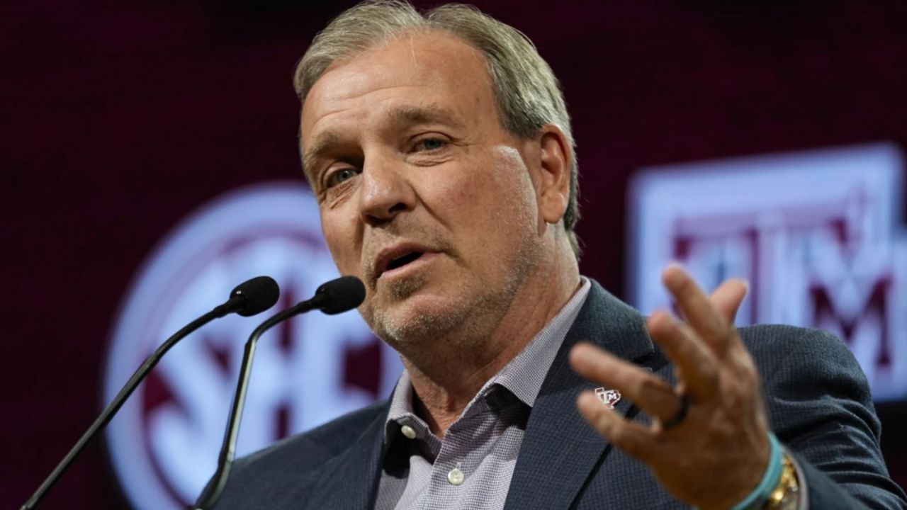Texas A&M head coach Jimbo Fisher speaks during NCAA college football Southeastern Conference Media Days, Monday, July 17, 2023, in Nashville, Tenn. Texas A&M opens their season at home against New Mexico on Sept. 2. (AP Photo/George Walker IV)