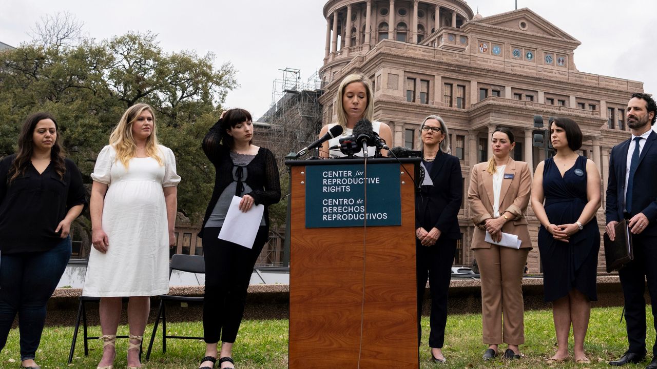 Amanda Zurawski, one of five plaintiffs, speaks in front of the state Capitol in Austin, Texas, March 7, 2023, as the Center for Reproductive Rights and the plaintiffs announced their lawsuit, which asks for clarity in Texas law as to when abortions can be provided under the "medical emergency" exception. (Sara Diggins/Austin American-Statesman via AP, File)