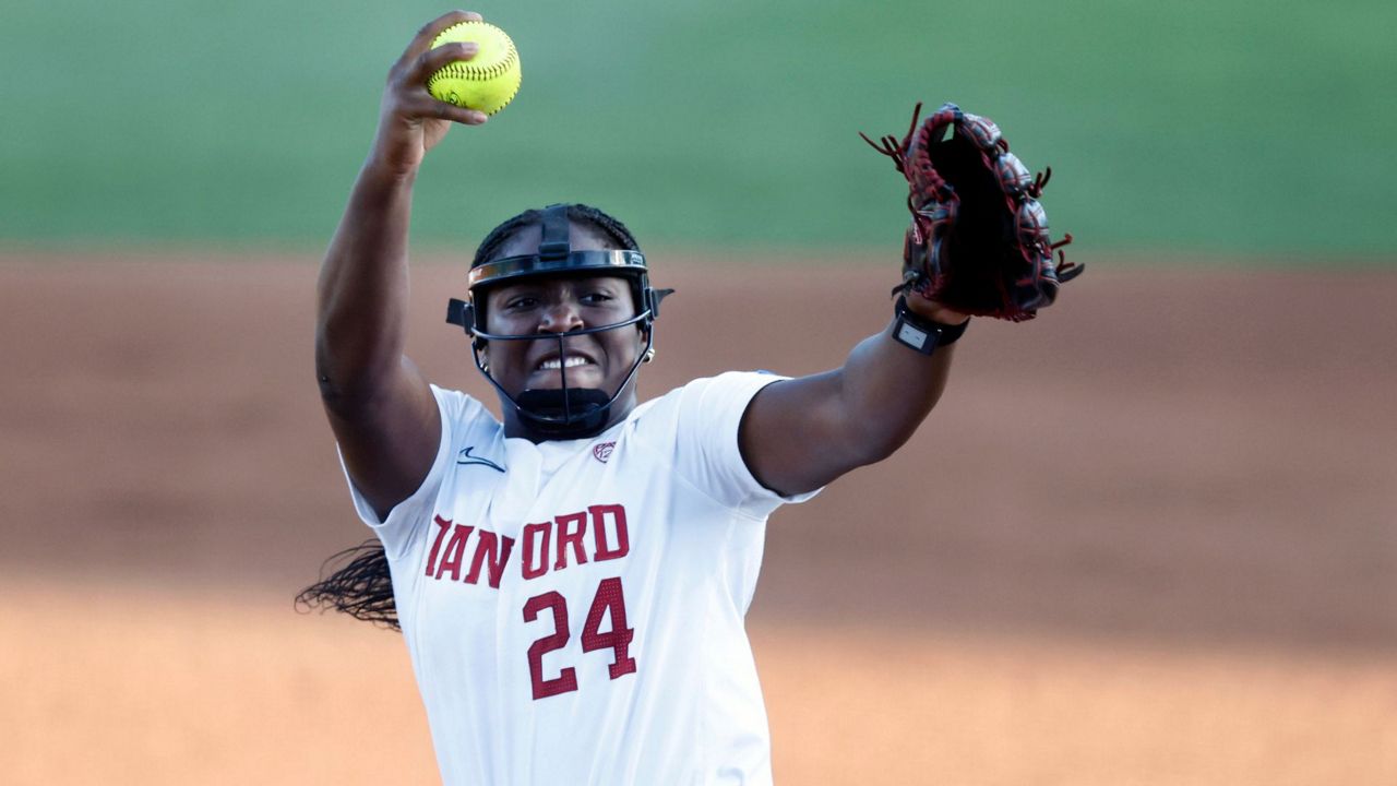 Stanford's NiJaree Canady (24) pitches against Saint Mary's during an NCAA softball game, Friday, May 17, 2024 in Stanford, Calif. (AP Photo/Lachlan Cunningham, File)