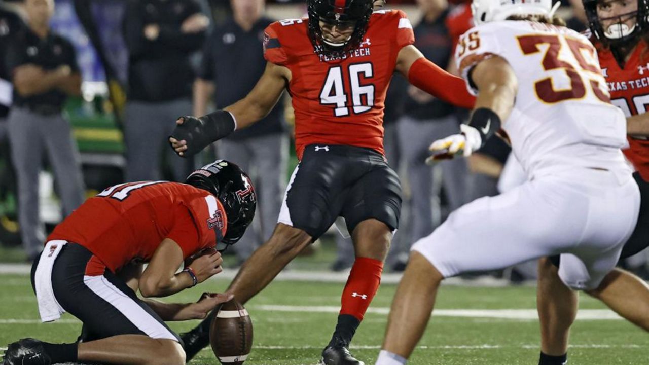 Texas Tech's Jonathan Garibay (46) kicks the winning 62-yard field goal during the second half of an NCAA college football game against Iowa State, Nov. 13, 2021, in Lubbock, Texas. Garibay is bypassing his final season of eligibility, instead opting to declare for the NFL draft after a season in which he set an NCAA record for the longest game-winning field goal. Garibay's 62-yard field goal on the final play against Iowa State on Nov. 13 as the longest kick in FBS to providing the winning points with less than a minute remaining. (AP Photo/Brad Tollefson, File)