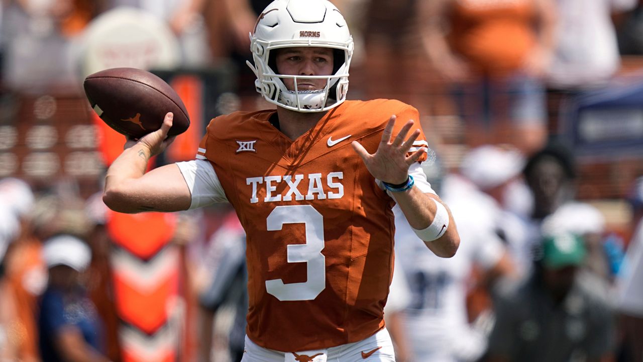 Texas quarterback Quinn Ewers (3) throws against Rice during the first half of an NCAA college football game in Austin, Texas, Saturday, Sept. 2, 2023. (AP Photo/Eric Gay)