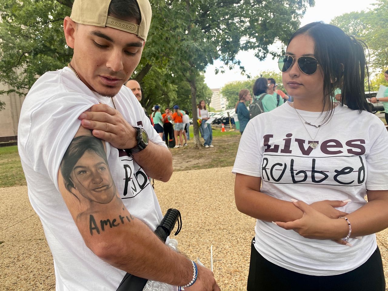 Angel Garza shows his tattoo of Amerie Jo Garza, his stepdaughter who was killed in the Uvalde mass shooting. (Spectrum News)