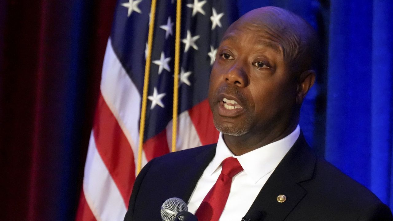 Sen. Tim Scott, R-S.C., gives a speech at a Black History Month dinner hosted by the Charleston County GOP on Feb. 16, 2023, in Charleston, S.C. (AP Photo/Meg Kinnard)