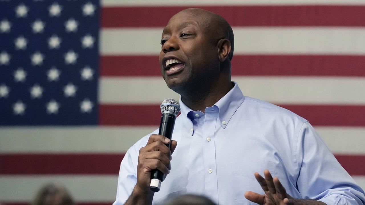 Sen. Tim Scott, R-S.C., speaks during a town hall, May 8, 2023, in Manchester, N.H. (AP Photo/Charles Krupa)