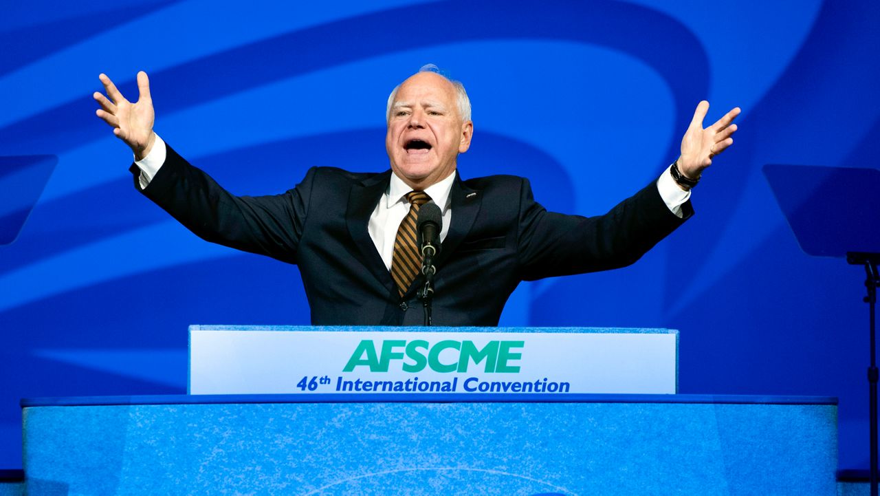 Democratic vice presidential nominee Minnesota Gov. Tim Walz speaks at the American Federation of State, County and Municipal Employees (AFSCME) Convention in Los Angeles, Tuesday, Aug. 13, 2024. (AP Photo/Jae C. Hong)