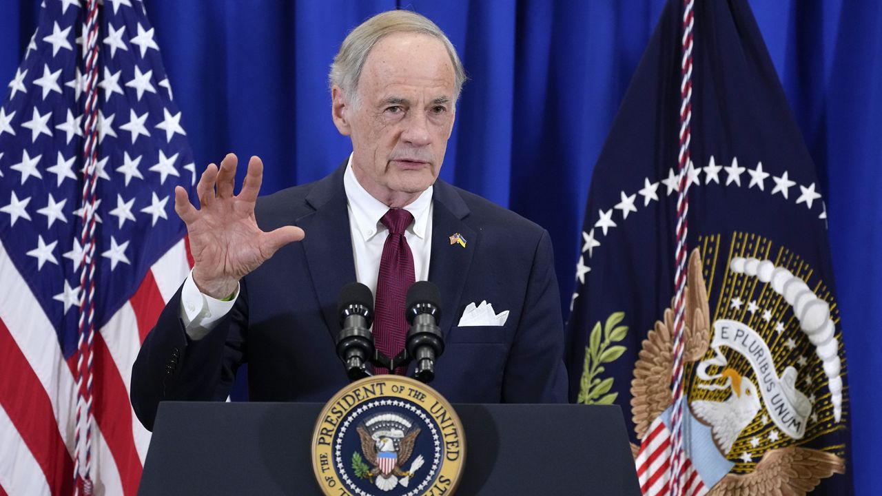 Sen. Tom Carper, D-Del., speaks about the PACT Act, which helps veterans get screened for exposure to toxins, at the Major Joseph R. "Beau" Biden III National Guard/Reserve Center in New Castle, Del., Friday, Dec. 16, 2022. (AP Photo/Manuel Balce Ceneta)