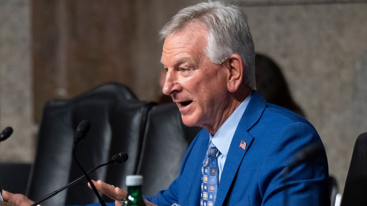 Sen. Tommy Tuberville, R-Ala., questions Navy Adm. Lisa Franchetti during a Senate Armed Services Committee hearing on Sept. 14, 2023, on Capitol Hill in Washington. (AP Photo/Jacquelyn Martin)