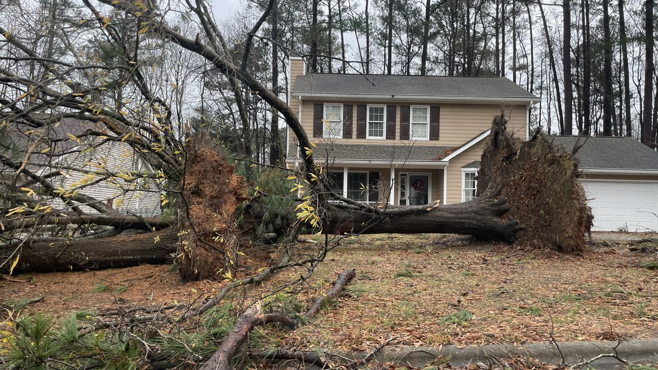 A tornado touched down in Garner, North Carolina,, Sunday afternoon, uprooting trees and causing damage to several homes, the National Weather Service confirms. (Spectrum News 1/Tom Meiners)
