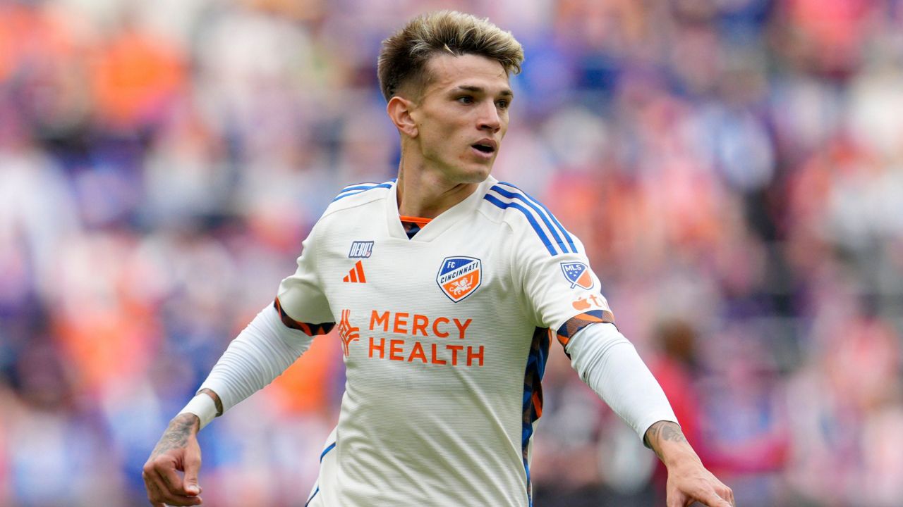 FC Cincinnati's Luca Orellano gestures during the first half of a MLS soccer match against Toronto FC, Sunday, Feb. 25, 2024, in Cincinnati. (AP Photo/Jeff Dean)