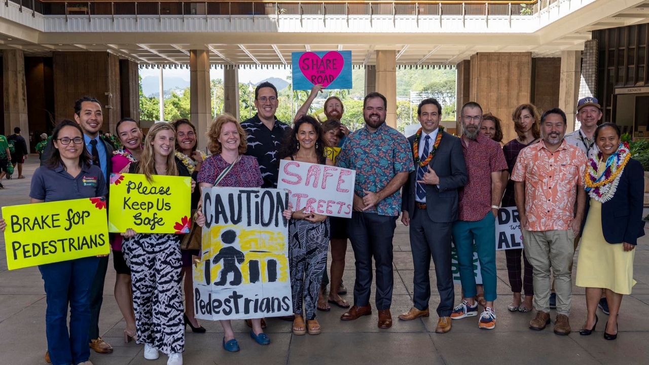  Legislators from both chambers joined traffic safety advocates, families of traffic-fatality victims and school officials at a news conference last Friday to discuss traffic-safety legislation. (Photo courtesy of Hawaii House Majority Caucus) 