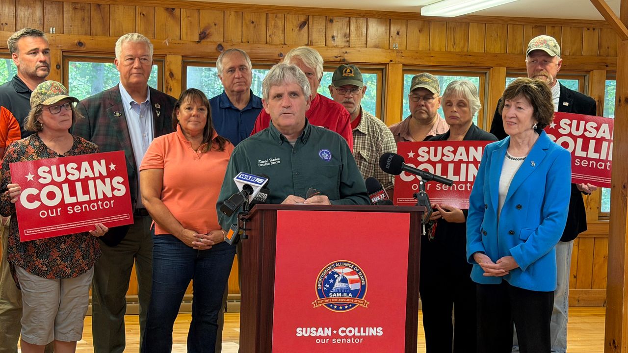 Sportsman’s Alliance of Maine Executive Director David Trahan speaks Tuesday during the group’s endorse of Sen. Susan Collins. (Spectrum News/Susan Cover)