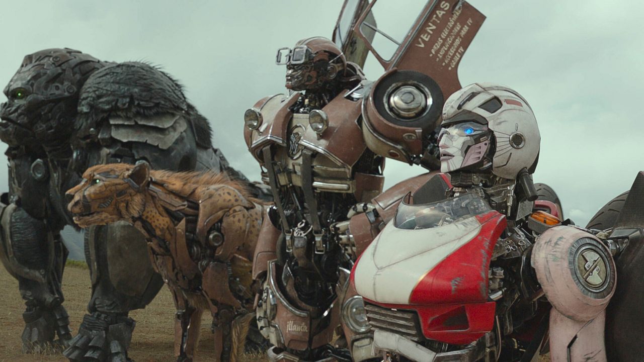 This image released by Paramount Pictures shows Optimus Primal, Cheetor, Wheeljack and Arcee in a scene from "Transformers: Rise of the Beasts." (Paramount via AP)