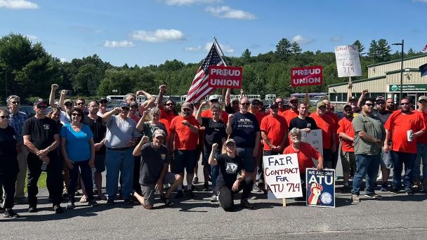 Workers from the Amalgamated Transit Union Local 714 rallied outside the Western Maine transportation Services offices on Merrow Road in Auburn Friday. The union is negotiating for higher wages for its drivers. (Amalgamated Transit Union Local 714)