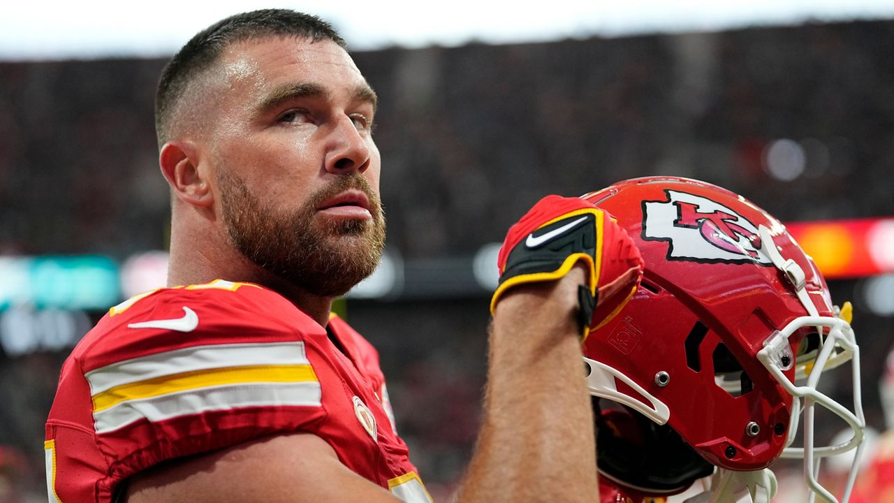 Kansas City Chiefs tight end Travis Kelce warms up before the start of an NFL football game against the Miami Dolphins Sunday, Nov. 5, 2023, in Frankfurt, Germany. (AP Photo/Martin Meissner)