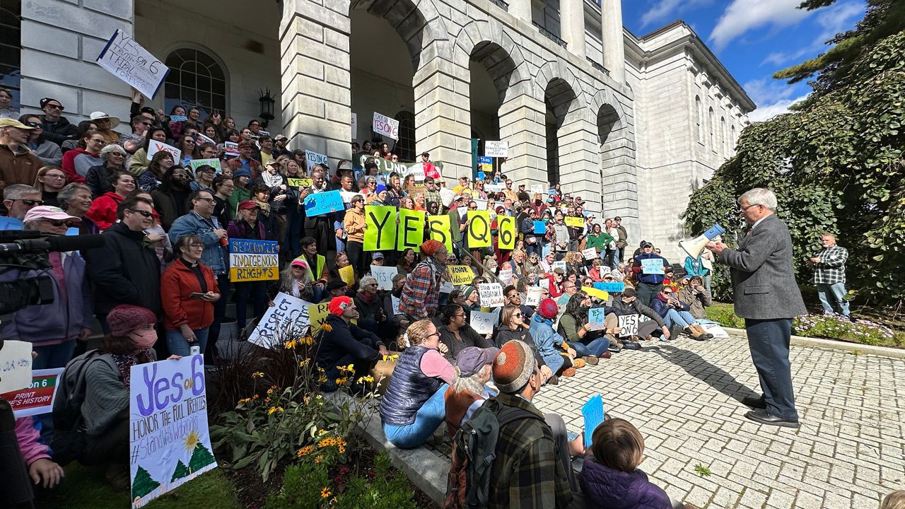John Dieffenbacher-Krall of the Wabanaki Alliance urges supporters of Question 6 to help educate voters on Monday at the State House. (Spectrum News/Susan Cover)