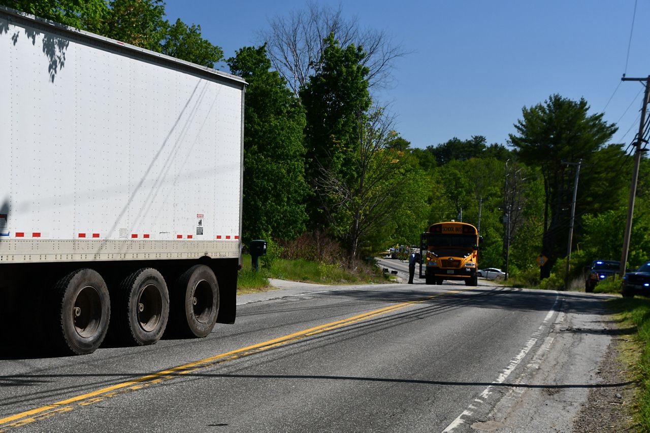 Police are investigating an incident on Lewiston Road in Gray Monday afternoon where a 13-year-old boy getting off a school bus was struck by a tractor-trailer truck. (Cumberland County Sheriff's Department)