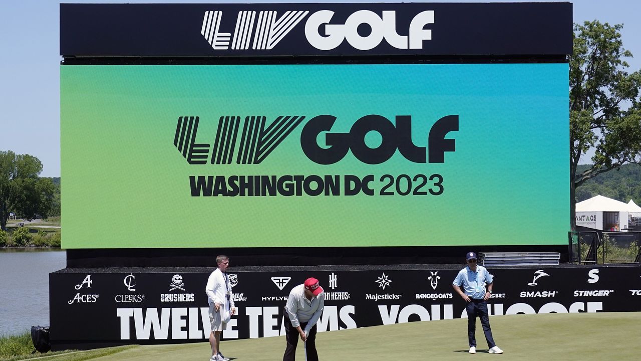 Former President Donald Trump plays during the LIV Golf Pro-Am at Trump National Golf Club, Thursday, May 25, 2023, in Sterling, Va. (AP Photo/Alex Brandon)