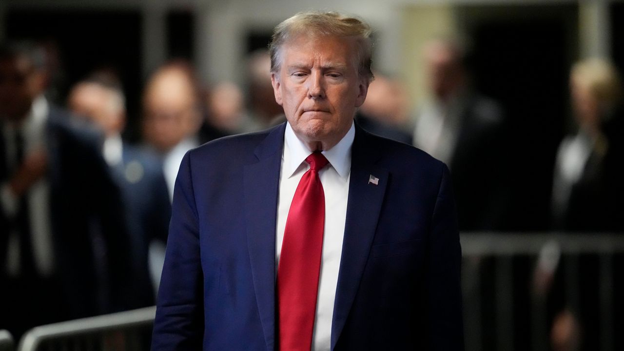 Former President Donald Trump leaves Manhattan criminal court, Thursday, Feb. 15, 2024, in New York. (AP Photo/Mary Altaffer)