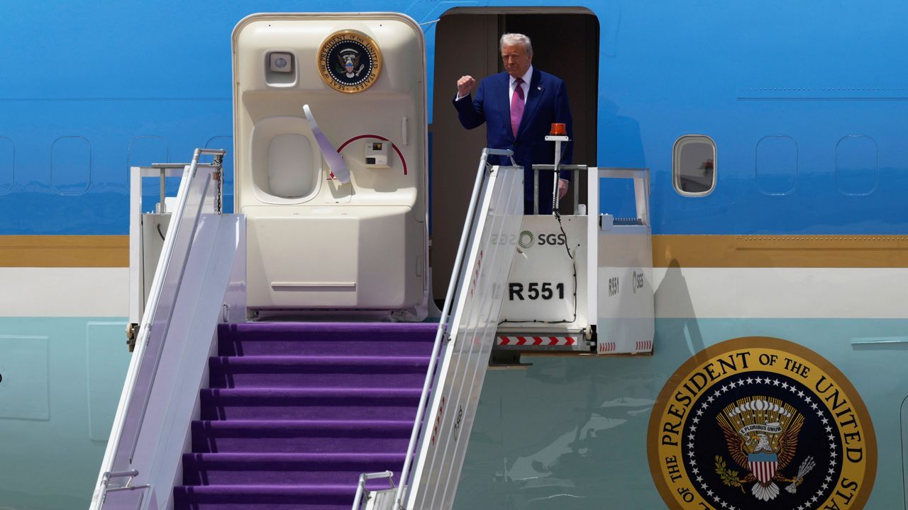 President Donald Trump arrives on Air Force One at King Khalid International Airport Royal Terminal in Riyadh, Saudi Arabia, Tuesday, May 13, 2025 . (AP Photo/Alex Brandon)