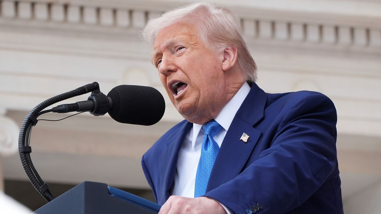 President Donald Trump speaks during the 157th National Memorial Day Observance at Arlington National Cemetery, Monday, May 26, 2025, in Arlington, Va. (AP Photo/Jacquelyn Martin)