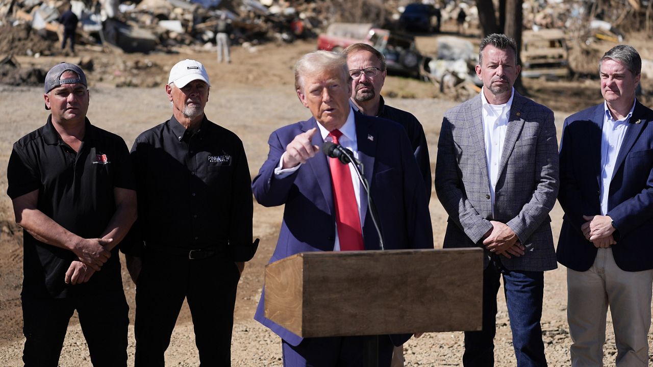 Republican presidential nominee former President Donald Trump delivers remarks on the damage and federal response to Hurricane Helene, Monday, Oct. 21, 2024, in Swannanoa, N.C. (AP Photo/Evan Vucci)