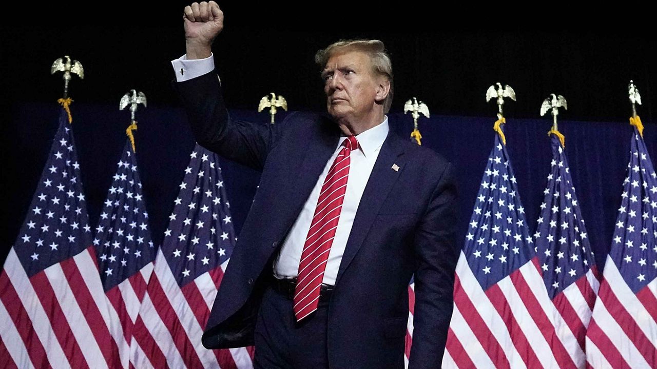 Republican presidential candidate former President Donald Trump gestures at a campaign rally Saturday, March 9, 2024, in Rome, Ga. (AP Photo/Mike Stewart)