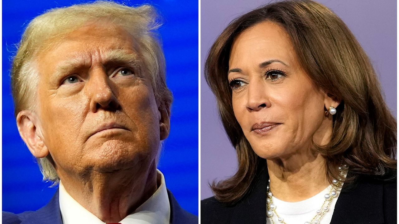 This combination of images shows Republican presidential nominee former President Donald Trump and Democratic presidential nominee Vice President Kamala Harris at separate campaign events Wednesday, Oct. 23, 2024, in Duluth, Ga., and Aston, Pa., respectively. (AP Photo/Alex Brandon, left, Matt Rourke, File)