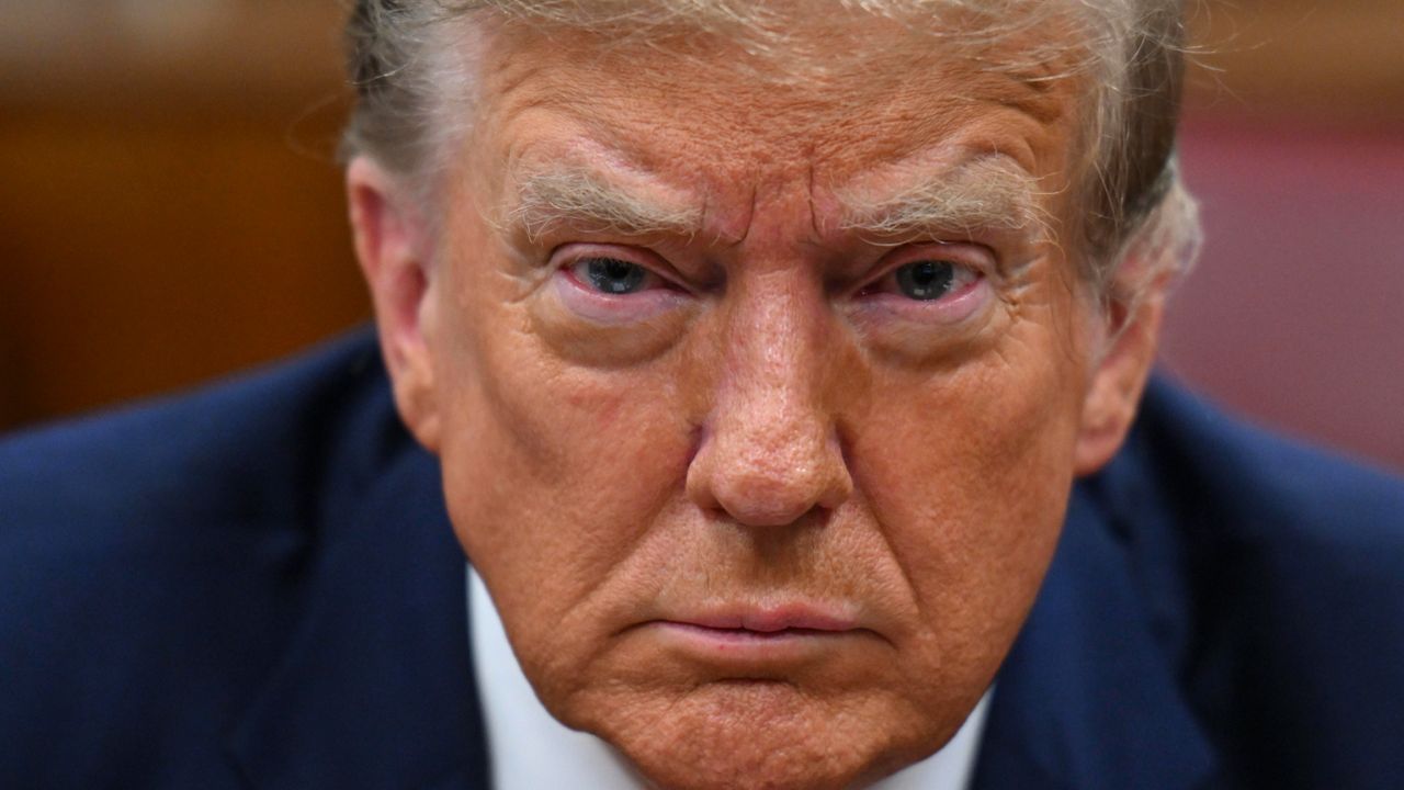 Former President Donald Trump attends the first day of his criminal trial, at Manhattan Criminal Court in New York City on April 15, 2024. (Angela Weiss/AFP via AP Pool)