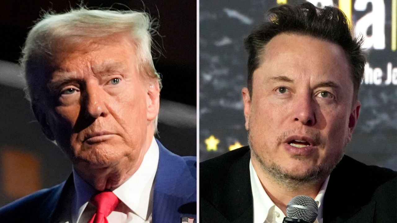 This combination photo shows Republican presidential nominee former President Donald Trump at a campaign event in New York, Sept. 5, 2024, left, and Tesla and SpaceX CEO Elon Musk at the European Jewish Association's conference in Krakow, Poland, Jan. 22, 2024. (AP Photo)