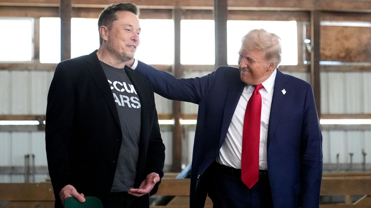 Tesla and SpaceX CEO Elon Musk, left, and Republican presidential nominee former President Donald Trump attend a campaign event at the Butler Farm Show on Oct. 5, 2024, in Butler, Pa. (AP Photo/Alex Brandon, File)