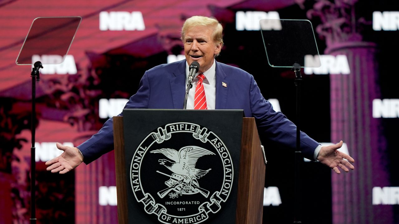 Former President Donald Trump speaks during the National Rifle Association Convention, Saturday, May 18, 2024, in Dallas. (AP Photo/LM Otero)