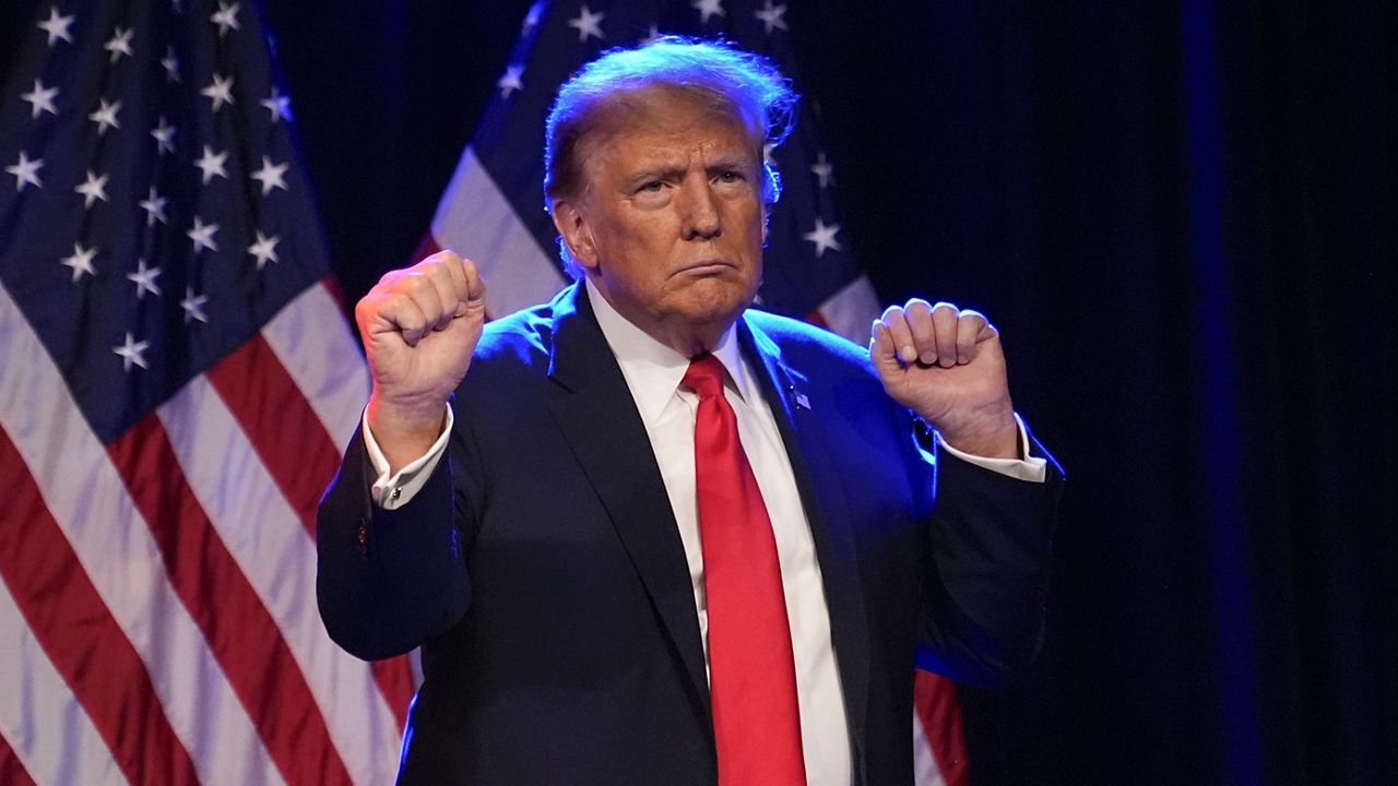 Republican presidential candidate former President Donald Trump dances on stage after speaking at a caucus night rally in Las Vegas, Thursday, Feb. 8, 2024. (AP Photo/Alex Brandon)