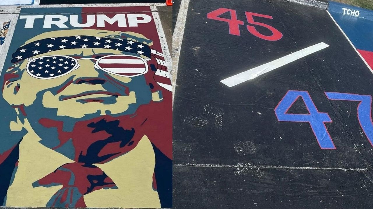 Parking spots at Keller High School in Keller, Texas, are painted in support of former President Donald Trump. (Keller Mayor Armin Mizan/Facebook)