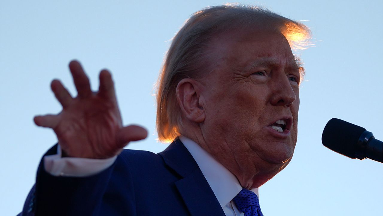 Republican presidential nominee former President Donald Trump speaks during a campaign rally at Arnold Palmer Regional Airport, Saturday, Oct. 19, 2024, in Latrobe, Pa. (AP Photo/Evan Vucci)